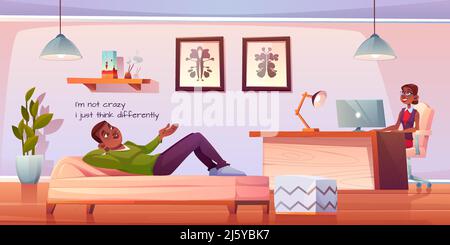 Patient in Psychologe, Psychotherapeut Büro. Mann liegt auf der Couch und spricht mit einer Praktizierenden, die am Tisch im Schrank sitzt. Psychiater-Sitzung in Stock Vektor