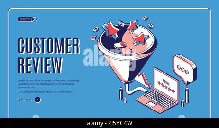 Kunden überprüfen isometrische Landing Page. Feedback- und Bewertungssterne fallen in einen riesigen Trichter und werden auf dem Laptop-Bildschirm angezeigt. Kundenzufriedenheit am besten Stock Vektor