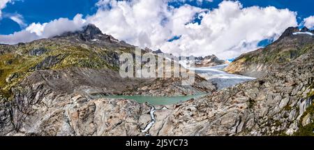 Der Rhonegletscher, die Quelle der Rhone am Furkapass in den Schweizer Alpen Stockfoto