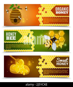 Honey horizontale Banner Set mit Biene Bio-und süßen Honig Symbole flach isolierte Vektordarstellung Stock Vektor