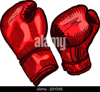 Rote Boxhandschuhe skizzieren auf isoliertem weißem Hintergrund. Vintage Sportausrüstung für Kickboxen in gravierter Optik. Vektor handgezeichnetes Design für poste Stock Vektor