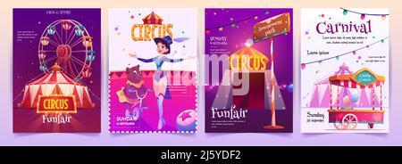 Zirkusvorstellung Plakate gesetzt. Vergnügungspark-Banner, Einladung zum Karneval mit Riesenrad, Zuckerwatte, Bärentrainer. Jahrmarkt festliche Messe und Recre Stock Vektor