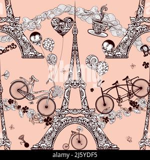 Paris nahtlose Muster mit Eiffelturm und Retro-Fahrräder Vektor Abbildung Stock Vektor