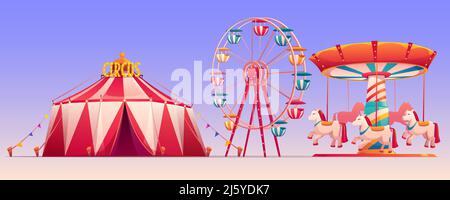 Vergnügungspark mit Zirkuszelt und Attraktionen Riesenrad und Karussell mit Pferden. Set von fairer Unterhaltung und Familienrekreation Objekt Stock Vektor