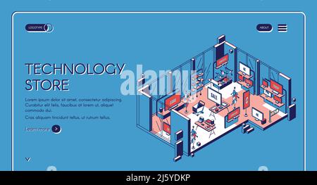 Isometrische Landing Page des Technologiespeichers. Leeres Einkaufszentrum mit elektronischer Produktion, Computerspiel-Panels, 4K-tv-Monitoren, Spielgeräten, Theke Stock Vektor