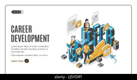 Isometrische Landing Page zur Karriereentwicklung. Geschäftsleute arbeiten im Internet mit Gadgets, die durch wachsende Datendiagramme steigen. Mitarbeiter arbeiten an Schub, j Stock Vektor