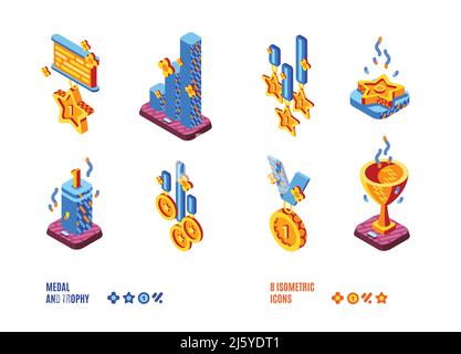 Isometrische Symbole für Medaillen und Trophäen. Goldene Becher, Tassen, Sterne und Charts auf Holzpodesten, Gewinner Auszeichnungen für den ersten Platz in Sport oder Business Stock Vektor