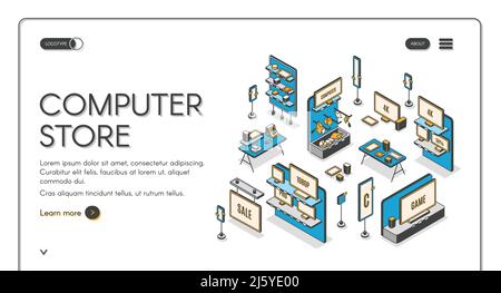 Isometrische Landing Page des Computerspeichers. Leere Mall Innenraum mit elektronischer Produktion auf Regalen, Spiel-Panels, Monitore und Gadgets für Spiele, count Stock Vektor