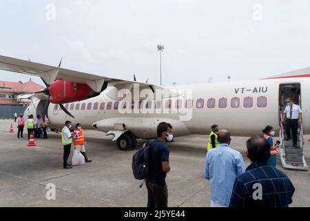 Aggati Island Airport, Lakshadweep, Indien. Flugzeug der Air India Alliance auf der Landebahn. Stockfoto