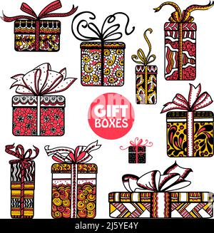 Weihnachtszeit Geschenke und Geschenke Schachteln in buntem Papier verpackt Piktogramme setzen Doodle abstrakt isoliert Vektor Illustration Stock Vektor