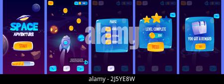 Grafische Benutzeroberfläche für Weltraum-Abenteuer-Spiel. Vektor-Set von gui-App-Bildschirme mit glänzenden Menüschaltflächen und Symbolen, Panel mit Pause und Belohnung, starten Stock Vektor