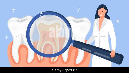Vektorkonzept für zahnärztliche Dienstleistungen. Der Arzt nimmt Lupenglas. Zahnarzt machen Scan der Zähne, um Zahnschmerzen zu helfen Stock Vektor