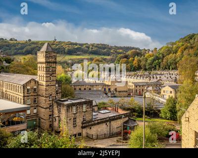 Nutclough Mill, früher Sitz der Genossenschaft Fusian Society, heute Sitz von Calrec, Hebden Bridge. VEREINIGTES KÖNIGREICH Stockfoto