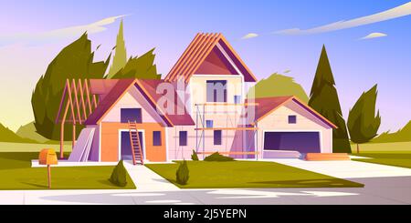 Unvollendeter Hausbau. Vektor-Cartoon-Illustration der Baustelle, unvollständige Gebäude der Garage und Haus mit Holzrahmen des Dachbalken Stock Vektor