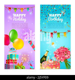 Alles gute zum Geburtstag Fest Feier 2 vertikale festliche Banner Set Mit Kuchen und Champagner abstrakte Vektor-Illustration Stock Vektor