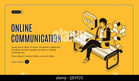 Online-Kommunikation isometrische Landing Page, Mann sitzt auf der Bank im Park chatten in Social-Media-Netzwerke Messenger, Nachrichten auf dem Handy lesen. N Stock Vektor