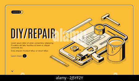 DIY Reparatur isometrische Landing Page, Engineering-Bau-Service-Tools für Hausrenovierung auf riesigen Handy-Bildschirm. Architect Building Company Stock Vektor