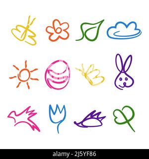 Spring Elements One Line Doodle Set. Einfache abstrakte Blume Sonne Wolke Schmetterlinge Vogel Blätter osterei Kaninchen Schwein. Postkarte, Urlaub Textil Dekor Vektor Illustration Stock Vektor
