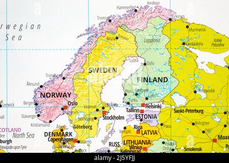 Die skandinavischen Länder bilden eine Karte mit Norwegen, Schweden, Finnland und Dänemark Stockfoto