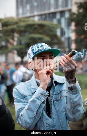 Bogotá, Kolumbien - 20.. April 2022: Junger Mann raucht Marihuana von einem riesigen Joint Stockfoto