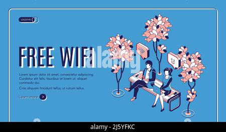 Kostenlose isometrische Landing-Page für WiFi, Personen, die auf einer Bank im Park mit Hotspot-öffentlicher Zugangszone sitzen und WLAN nutzen, chatten in den sozialen Medien Stock Vektor