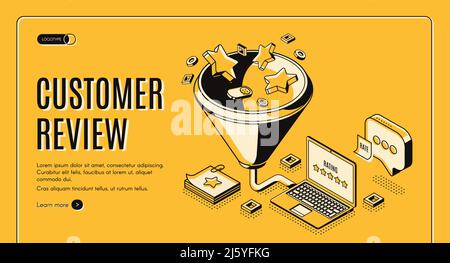 Kunden überprüfen isometrische Landing Page. Feedback- und Bewertungssterne fallen in einen riesigen Trichter und werden auf dem Laptop-Bildschirm angezeigt. Kundenzufriedenheit am besten Stock Vektor
