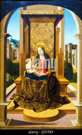 Virgen con el Nino (Madonna mit Kind) von Pedro Romana (1460?-1528/29)) Öl auf Tafel Stockfoto