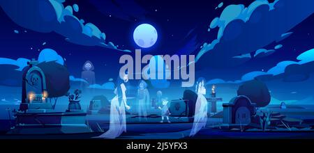 Geister auf dem Friedhof, alter Friedhof in der Nacht mit toten Seelen Silhouetten, die zwischen Gräbern mit brennenden Kerzen bei Vollmond um Mitternacht in der Dunkelheit wandeln. Sc Stock Vektor