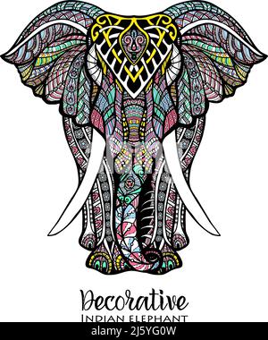 Hand gezeichnet Vorderansicht Elefant mit farbigen Ornament Vektor-Illustration Stock Vektor
