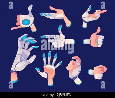 Roboterhand in verschiedenen Gesten isoliert auf dunklem Hintergrund. Vector Set aus Cyborg Arm oder bionische prothetische Handfläche. Konzept der künstlichen Intelligenz Stock Vektor