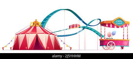 Karneval-Kirmes mit Zirkuszelt, Achterbahn und Zuckerwatte. Vektor-Cartoon-Illustration des Sommer-Vergnügungspark isoliert auf weißem Backgr Stock Vektor