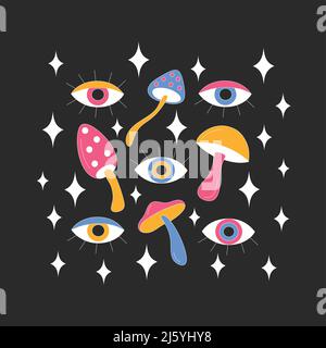 Retro-Pilze und funkelt auf dunklem Hintergrund. Stock Vektor