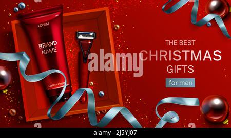 Männer Kosmetik Weihnachtsgeschenk Mockup Banner. Aftershave-Rahm-Tube, Rasierklinge in roter Box Draufsicht. Rasierer und Körperpflege kosmetisches Produkt auf fe Stock Vektor