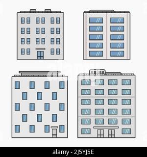 Moderne Wohngebäude Satz Cartoon-Stil Vektor flache Illustration Stock Vektor