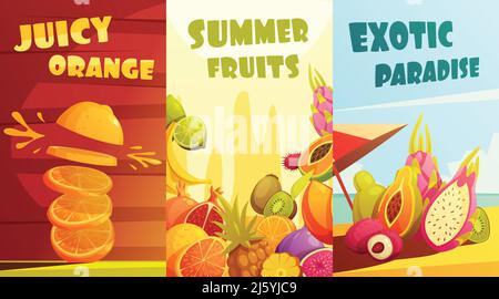 Exotische saftige tropische Früchte vertikale Banner Komposition Poster für den Sommer Urlaubsreisende Cartoon-Stil isoliert Vektor-Illustration Stock Vektor