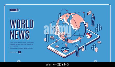 World News isometrische Landing Page. Erdkugel liegt auf einem riesigen Smartphone-Bildschirm mit fernsehmoderatoren, die im Fernsehen senden. Weltweites Mediengeschäft Stock Vektor
