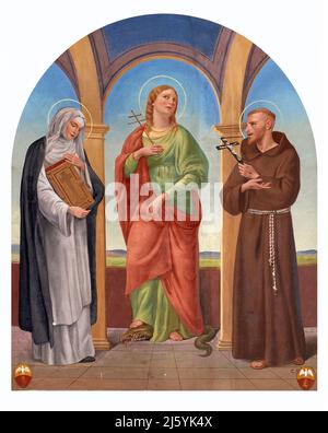 Santa Giustina,Santa Chiara e San Francesco d’Assisi - affresco - Cesare Secchi - 1935 - Valloria (Lodi) ,Italia,chiesa parrocchiale di San Fermo ma Stockfoto