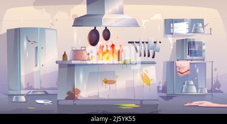Beschädigte Küche im Restaurant, leeres Interieur mit Feuer, zerschmetterte Küchengeräte und Möbel, brennender Ofen, rissige Wand. Kantine mit gebrochenem Richtungsverzeichnis Stock Vektor