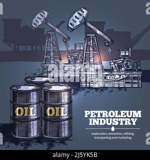 Öl-Industrie handgezeichnete Zusammensetzung mit Fässern von Erdöl in Vordergrund und Silhouetten von Ölplattformen im Hintergrund Vektordarstellung Stock Vektor
