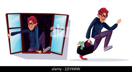 Vektor Cartoon Räuber, Dieb Charaktere gesetzt. Männlicher Einbrecher läuft mit gestohlenem Geld, Schmucktasche, Hausbrecher, der Verbrechen begeht, tritt in den privaten Hous ein Stock Vektor