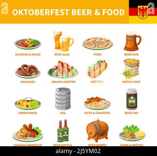 Deutsche jährliche oktoberfest traditionelle Lebensmittel Snacks und Bier flache Ikonen Sammlung mit Flusskrebsen abstrakt isoliert Vektor-Illustration Stock Vektor