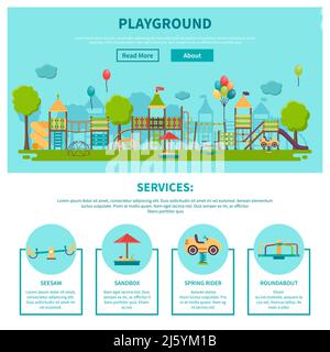 Farbe Illustration Website-Seite über Outdoor-Spiele zeigen verschiedene Spielplatz Dienstleistungen Wippe Sandkasten Frühling Fahrer Kreisverkehr Vektor Illustration Stock Vektor