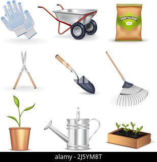 Gartenarbeit realistische dekorative Symbole Satz von Werkzeugen für die Arbeit in Garten Sämling Handschuhe und Paket mit Dünger Vektor Illustration Stock Vektor