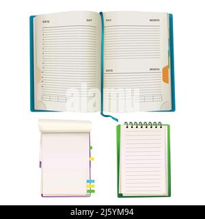 Vector realistische geöffnete Notizblock Organizer Planer mit leeren Papierblättern, Spiralbindern und bunten Klebesticker oder Lesezeichen. Büro, Schule Stock Vektor