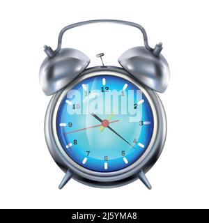 Wecker Vektor-Illustration von Retro-Silber-Uhr mit Metallglocken. Realistisches 3d-Modell des Alarms mit Pfeilen und blauem Display für Wake-up-Konzept d Stock Vektor