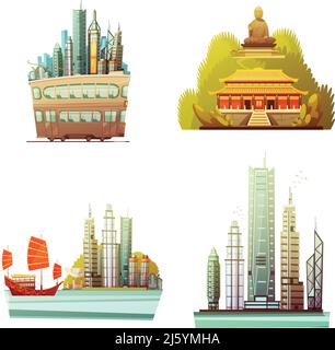 Hong kong 2x2 Design-Konzept Set von Geschichte Wahrzeichen modern Stadtarchitektur und Meereslandschaft flache Vektor-Illustration Stock Vektor