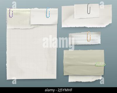 Papiernotizen Vektordarstellung von Blättern und Papierstücken auf Clips. Quadratische und linierte Seiten aus dem Copybook gerissen, realistisch isoliert gesetzt für Stock Vektor