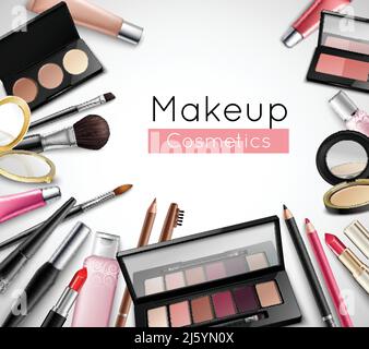 Make-up Kosmetik Beauty Tasche Accessoires realistische Komposition Poster mit Lippenstift Vektorgrafik Lipgloss und Lidschatten Stock Vektor