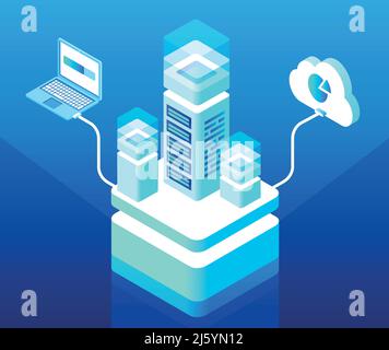 Vector isometrisches Cloud-Computing- und Data-Storage-Center-Konzept mit Server-Rack, das mit einem Laptop und einem virtuellen Netzwerk verbunden ist. Moderne Informationstechnik Stock Vektor