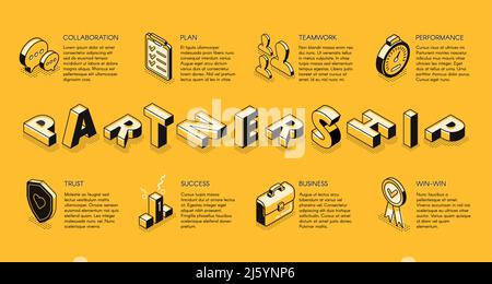 Business Partnership Line Art, isometrisches Vektorbanner. Unternehmensgrundsätze, Zusammenarbeit von Geschäftsteams für bessere Leistung und besseres Erfolgskonzept. Stock Vektor